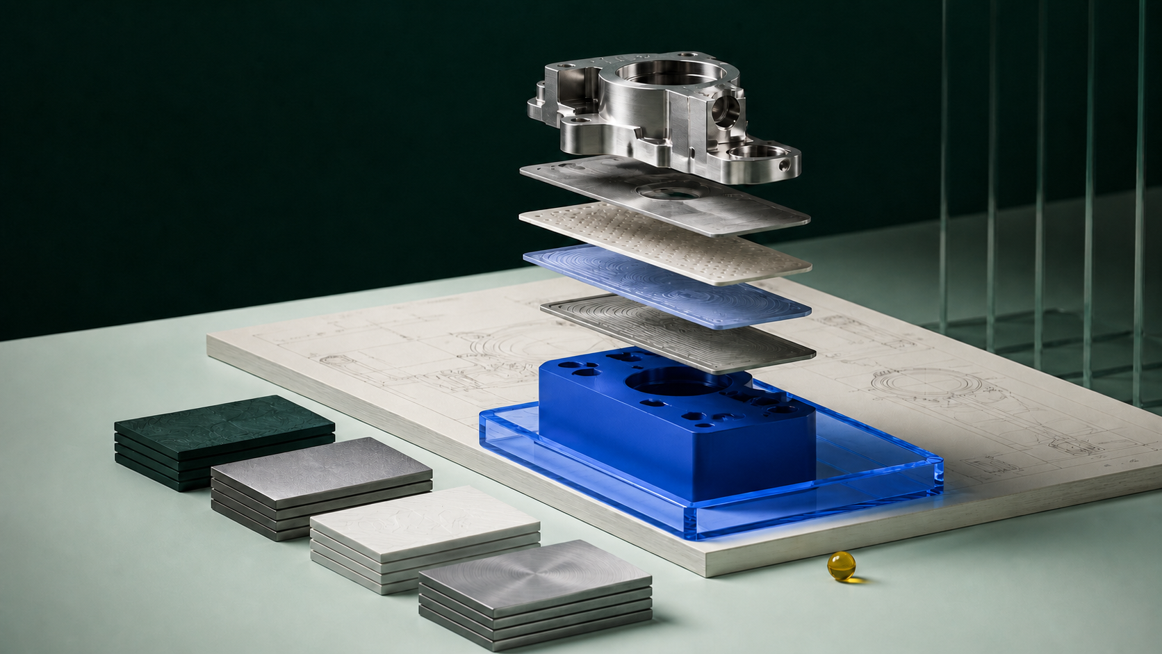 Een industriële calculatie opgebouwd uit een technische tekening, materiaallagen en een metalen eindonderdeel.